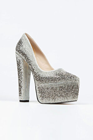 Kadın Moda Şık Sultan Çift Renktaşlı Klasik Sivri Kalın Topuklu Düğün Nişan Gece Abiye Ayakkabısı