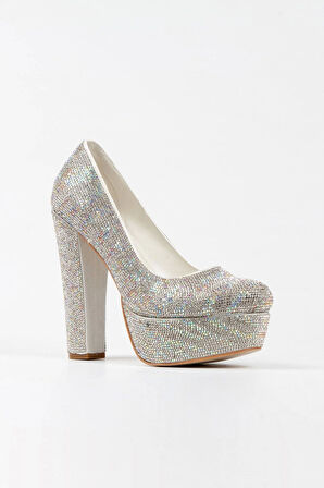 Kadın Moda Sultan Çift Renk Taşlı Klasik Topuklu Platformlu Düğün Nişan Gece Abiye Ayakkabısı