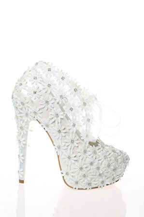 Kadın Moda Şık Sedef Inci Taş Işlemeli Gelin Ayakkabı Topuklu Düğün Nişan Gece Abiye Ayakkabısı