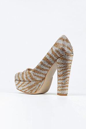 Kadın Moda Sultan Çift Renk Taşlı Klasik Topuklu Platformlu Düğün Nişan Gece Abiye Ayakkabısı