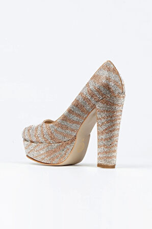 Kadın Moda Sultan Çift Renk Taşlı Klasik Topuklu Platformlu Düğün Nişan Gece Abiye Ayakkabısı