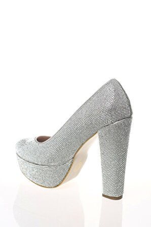Kadın Moda Şık Gümüş Sultan Full Taş Topuklu Zarif Tasarım Düğün Nişan Gece Abiye Ayakkabısı