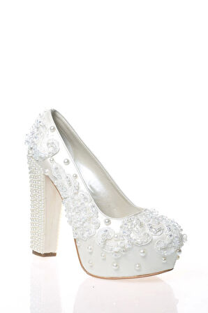 Kadın Moda Şık Sedef Inci Taş Işlemeli Gelin Ayakkabı Topuklu Düğün Nişan Gece Abiye Ayakkabısı