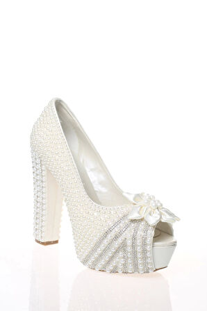 Kadın Moda Şık Sedef İnci Taş İşlemeli Ayakkabı Topuklu Düğün Nişan Gece Abiye Ayakkabısı