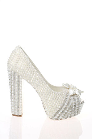 Kadın Moda Şık Sedef İnci Taş İşlemeli Ayakkabı Topuklu Düğün Nişan Gece Abiye Ayakkabısı