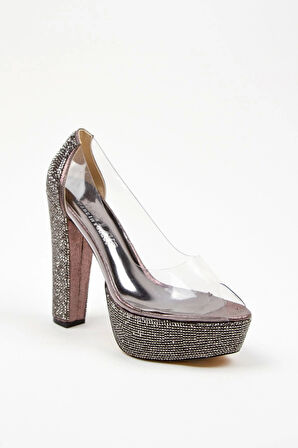 Kadın Moda Şık Rose Şeffaf Platformlu Ökçe Poli Taş Düğün Nişan Gece Abiye Ayakkabısı