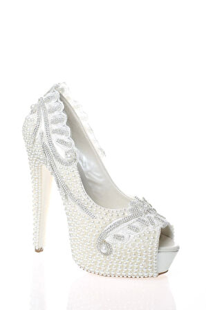 Kadın Moda Şık Sedef İnci Taş İşlemeli Gelin Ayakkabı Topuklu Düğün Nişan Gece Abiye Ayakkabısı