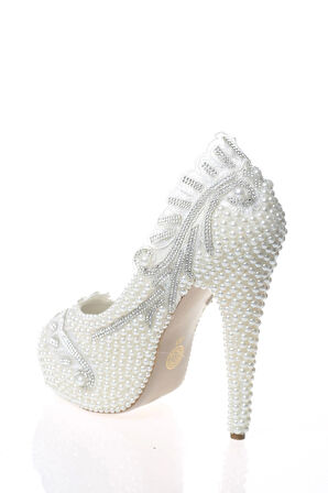 Kadın Moda Şık Sedef İnci Taş İşlemeli Gelin Ayakkabı Topuklu Düğün Nişan Gece Abiye Ayakkabısı