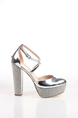 Kadın Moda Şık Gümüş Ayna Taşlı Topuklu Zarif Tasarım Düğün Nişan Gece Abiye Ayakkabısı