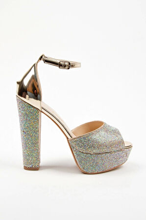 Kadın Moda Şık Gold Ayna Full Taş Yüksek Topuk Düğün Nişan Gece Abiye Ayakkabısı