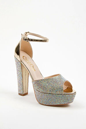 Kadın Moda Şık Gold Ayna Full Taş Yüksek Topuk Düğün Nişan Gece Abiye Ayakkabısı