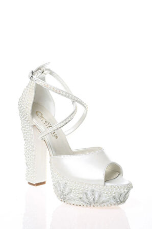 Kadın Moda Şık Sedef İnci Taş İşlemeli Gelin Ayakkabı Topuklu Düğün Nişan Gece Abiye Ayakkabısı