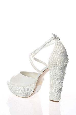 Kadın Moda Şık Sedef İnci Taş İşlemeli Gelin Ayakkabı Topuklu Düğün Nişan Gece Abiye Ayakkabısı