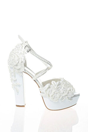 Kadın Moda Beyaz Sedef Inci Taş Işlemeli Gelin Ayakkabı Topuklu Düğün Nişan Gece Abiye Ayakkabısı