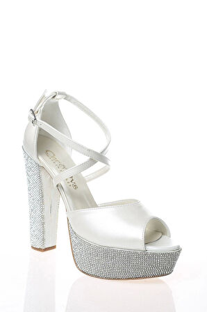 Kadın Moda Şık Gümüş Ayna Ökçe Poli Taş Topuklu Zarif Tasarım Düğün Nişan Gece Abiye Ayakkabısı