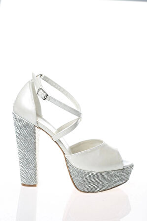 Kadın Moda Şık Gümüş Ayna Ökçe Poli Taş Topuklu Zarif Tasarım Düğün Nişan Gece Abiye Ayakkabısı