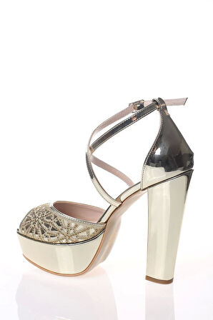 Kadın Moda Şık Gold Ayna Yüz Kristal Lazer Topuklu Düğün Nişan Gece Abiye Ayakkabısı