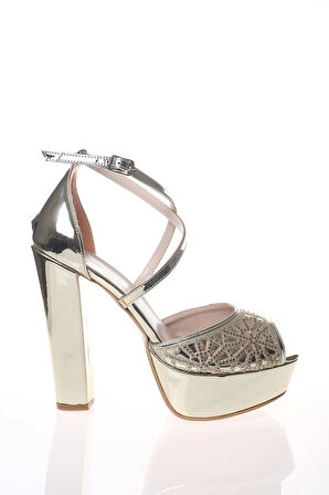 Kadın Moda Şık Gold Ayna Yüz Kristal Lazer Topuklu Düğün Nişan Gece Abiye Ayakkabısı