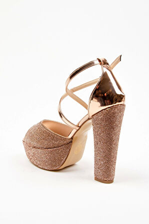 Kadın Moda Şık Gold Ayna Full Taş Yüksek Topuk Düğün Nişan Gece Abiye Ayakkabısı