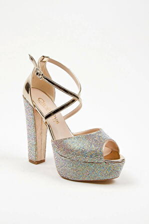 Kadın Moda Şık Gold Ayna Full Taş Yüksek Topuk Düğün Nişan Gece Abiye Ayakkabısı