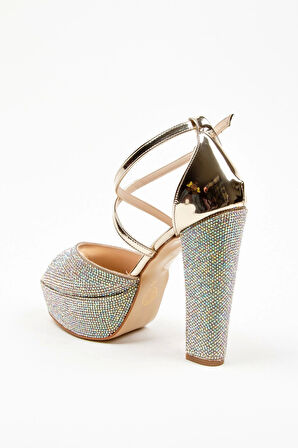 Kadın Moda Şık Gold Ayna Full Taş Yüksek Topuk Düğün Nişan Gece Abiye Ayakkabısı