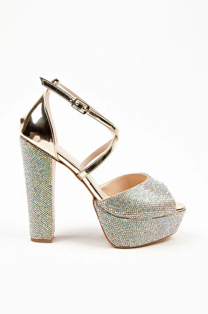 Kadın Moda Şık Gold Ayna Full Taş Yüksek Topuk Düğün Nişan Gece Abiye Ayakkabısı