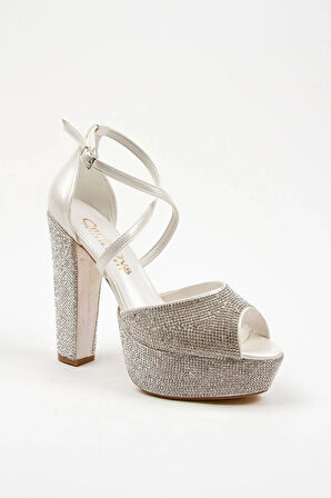 Kadın Moda Şık Gold Ayna Full Taş Yüksek Topuk Düğün Nişan Gece Abiye Ayakkabısı