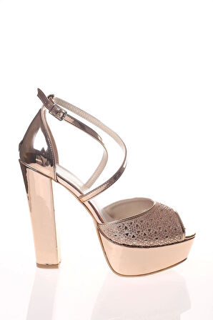 Kadın Moda Şık Gold Ayna Yüz Kristal Lazer Topuklu Düğün Nişan Gece Abiye Ayakkabısı