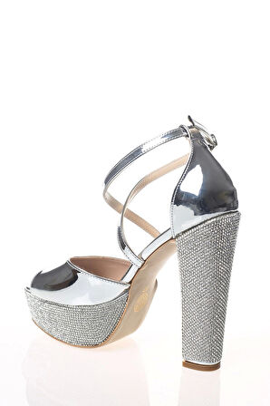 Kadın Moda Şık Gümüş Ayna Ökçe Poli Taş Topuklu Zarif Tasarım Düğün Nişan Gece Abiye Ayakkabısı