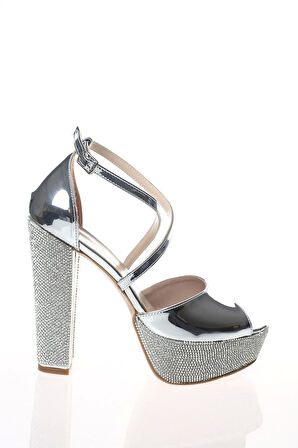 Kadın Moda Şık Gümüş Ayna Ökçe Poli Taş Topuklu Zarif Tasarım Düğün Nişan Gece Abiye Ayakkabısı