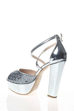 Kadın Moda Şık Gümüş Ayna Yüz Lazer Topuklu Zarif Tasarım Düğün Nişan Gece Abiye Ayakkabısı