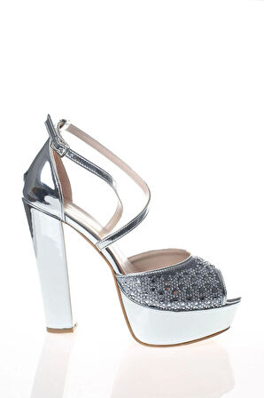 Kadın Moda Şık Gümüş Ayna Yüz Lazer Topuklu Zarif Tasarım Düğün Nişan Gece Abiye Ayakkabısı