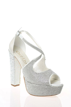 Kadın Moda Şık Sedef Cilt Full Taş Detaylı Topuklu Düğün Nişan Gece Abiye Ayakkabısı