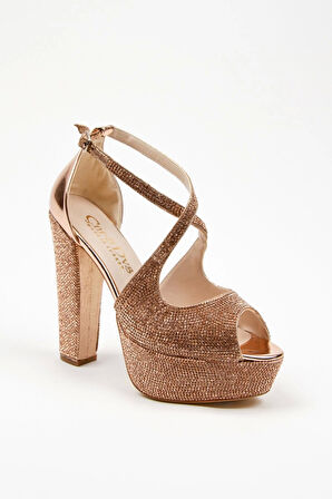 Kadın Moda Şık Gold Ayna Full Taş Yüksek Topuk Düğün Nişan Gece Abiye Ayakkabısı