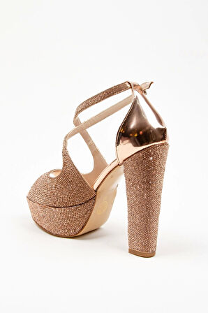 Kadın Moda Şık Gold Ayna Full Taş Yüksek Topuk Düğün Nişan Gece Abiye Ayakkabısı