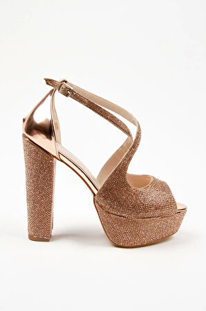 Kadın Moda Şık Gold Ayna Full Taş Yüksek Topuk Düğün Nişan Gece Abiye Ayakkabısı