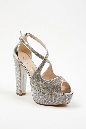 Kadın Moda Şık Gold Ayna Full Taş Yüksek Topuk Düğün Nişan Gece Abiye Ayakkabısı