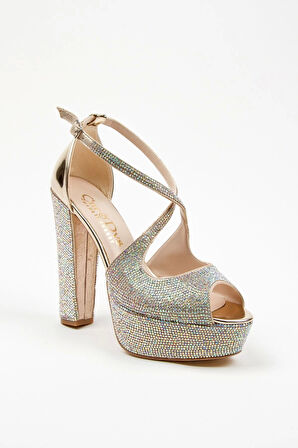 Kadın Moda Şık Gold Ayna Full Taş Yüksek Topuk Düğün Nişan Gece Abiye Ayakkabısı