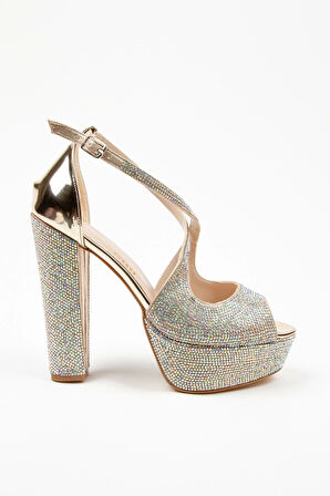 Kadın Moda Şık Gold Ayna Full Taş Yüksek Topuk Düğün Nişan Gece Abiye Ayakkabısı