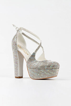 Kadın Moda Sultan Çift Renk Taşlı Çapraz Klasik Topuklu Platformlu Düğün Nişan Gece Abiye Ayakkabısı