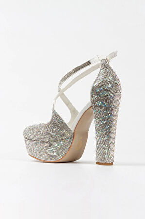 Kadın Moda Sultan Çift Renk Taşlı Çapraz Klasik Topuklu Platformlu Düğün Nişan Gece Abiye Ayakkabısı