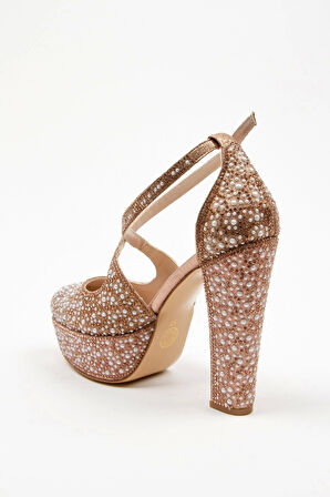 Kadın Moda Şık Gold Full Inci Zarif Tasarım Düğün Nişan Gece Abiye Ayakkabısı