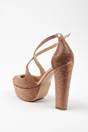 Kadın Moda Şık Gold Janjan Full Taş Düğün Nişan Gece Abiye Ayakkabısı