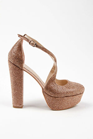 Kadın Moda Şık Gold Janjan Full Taş Düğün Nişan Gece Abiye Ayakkabısı