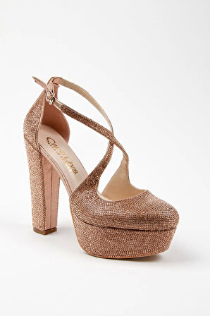 Kadın Moda Şık Gold Janjan Full Taş Düğün Nişan Gece Abiye Ayakkabısı