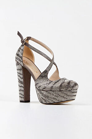 Kadın Moda Sultan Çift Renk Taşlı Çapraz Klasik Topuklu Platformlu Düğün Nişan Gece Abiye Ayakkabısı