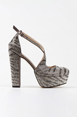 Kadın Moda Sultan Çift Renk Taşlı Çapraz Klasik Topuklu Platformlu Düğün Nişan Gece Abiye Ayakkabısı