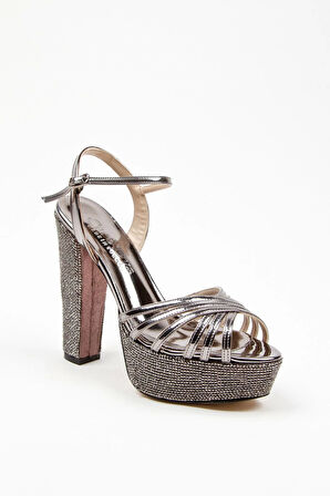 Kadın Moda Şık Gümüş Ayna Çapraz Ökçe Poli Taş Düğün Nişan Gece Abiye Ayakkabısı