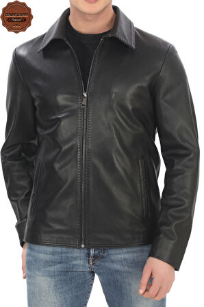 Hakiki Kuzu Derisi Ceket Şık Siyah Fermuarlı Deri Mont Klasik Düz Yaka El Yapımı Deri Ceket