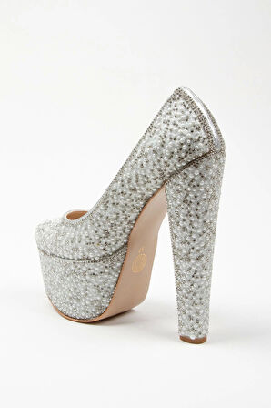 Kadın Moda Şık Gümüş Full Inci Zarif Tasarım Düğün Nişan Gece Abiye Ayakkabısı